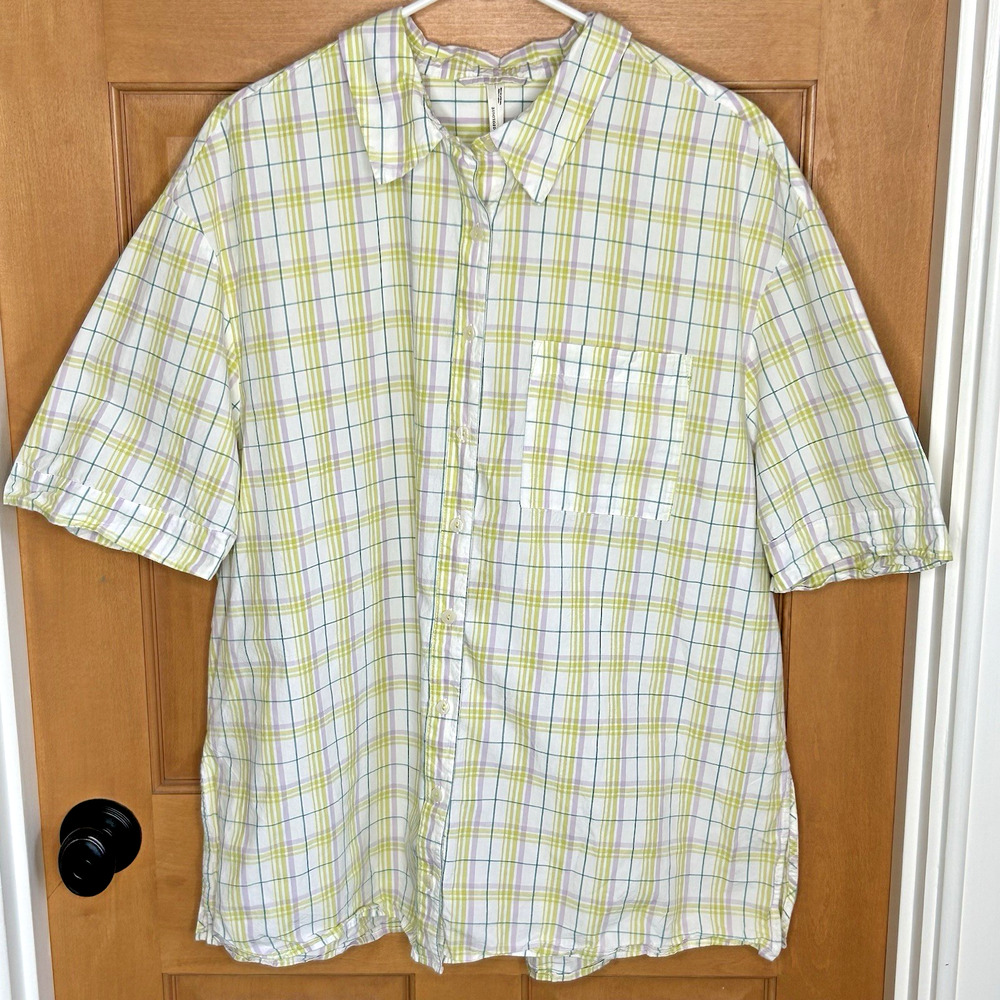 Anthropologie Oversized Plaid Shirt L White‎ Green Purple Cotton Short Sleeves